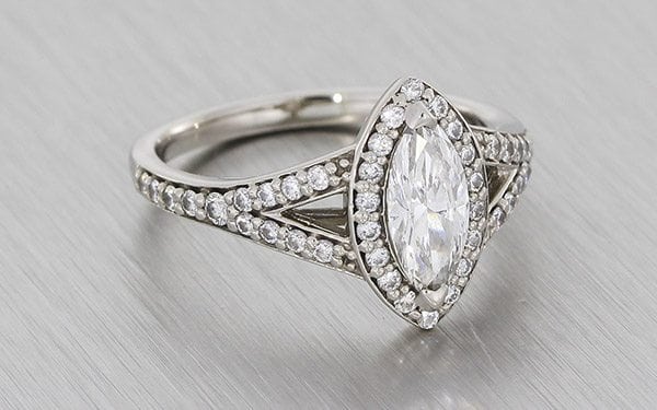 Stunning Split Shank Marquise Diamond Halo Ring With Matching Wedding ...