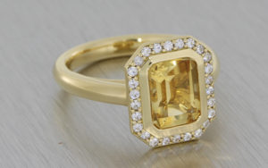 14ct yellow gold citrine ring with round moissanite